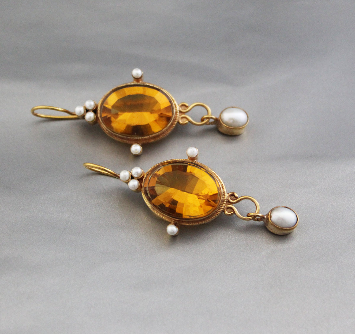 Yellow Glass Intaglio Earrings, Victorian Style, Gold Vermeil with Pearls, photo 6