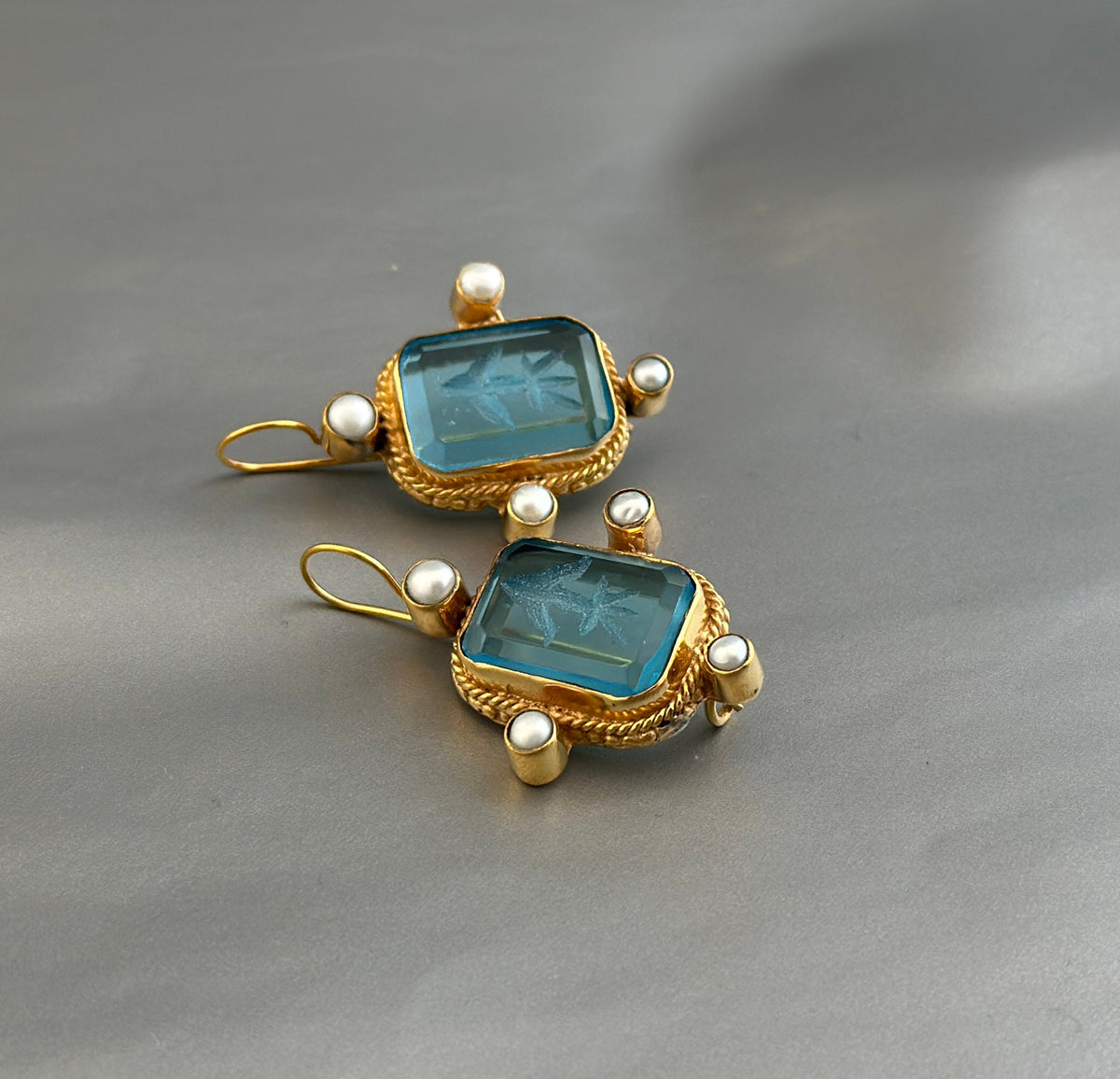 Blue Glass Intaglio Earrings, Vintage Style, 18K Gold Vermeil with Pearls, photo 6
