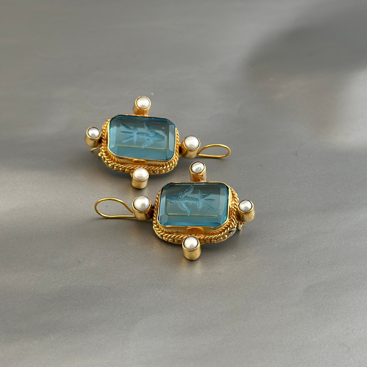 Blue Glass Intaglio Earrings, Vintage Style, 18K Gold Vermeil with Pearls, photo 5