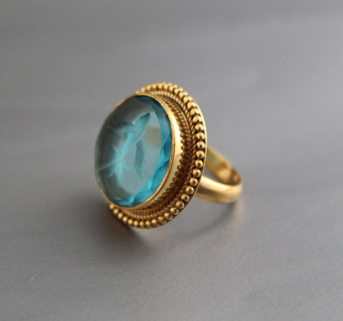 Blue Glass Intaglio Cocktail Ring, Victorian Signet, Gold Vermeil, photo 2