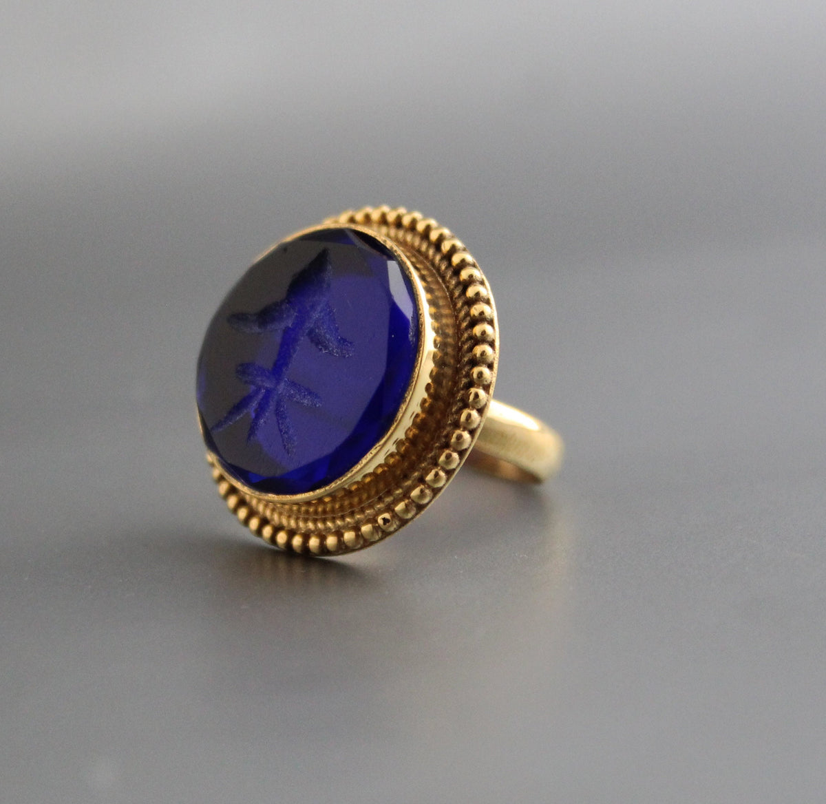 Indigo Fleur-de-lis Intaglio Ring, Roman Style Cocktail Ring, photo 4