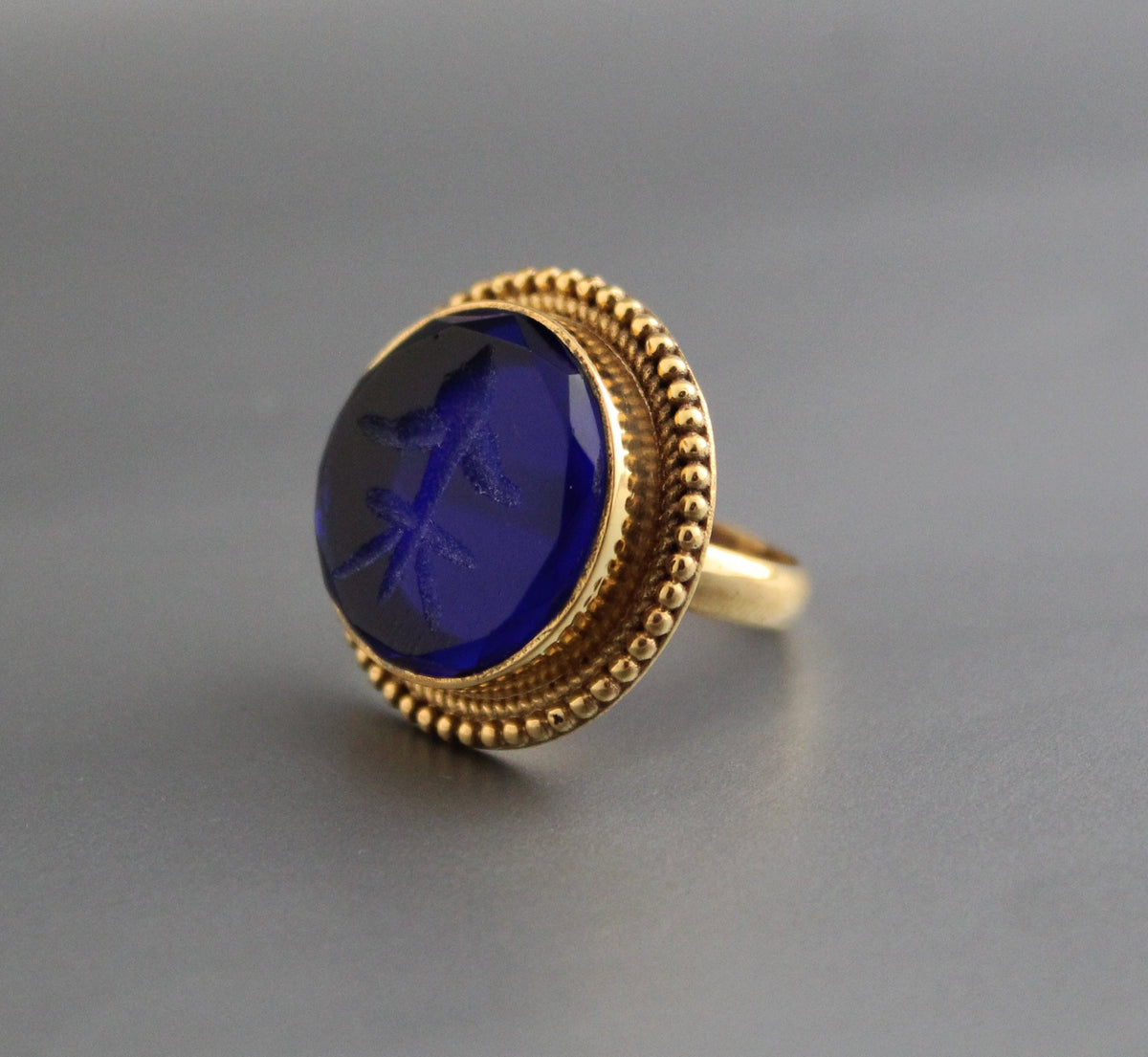 Indigo Fleur-de-lis Intaglio Ring, Roman Style Cocktail Ring, photo 7