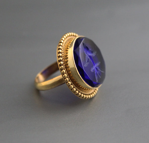 Indigo Fleur-de-lis Intaglio Ring, Roman Style Cocktail Ring