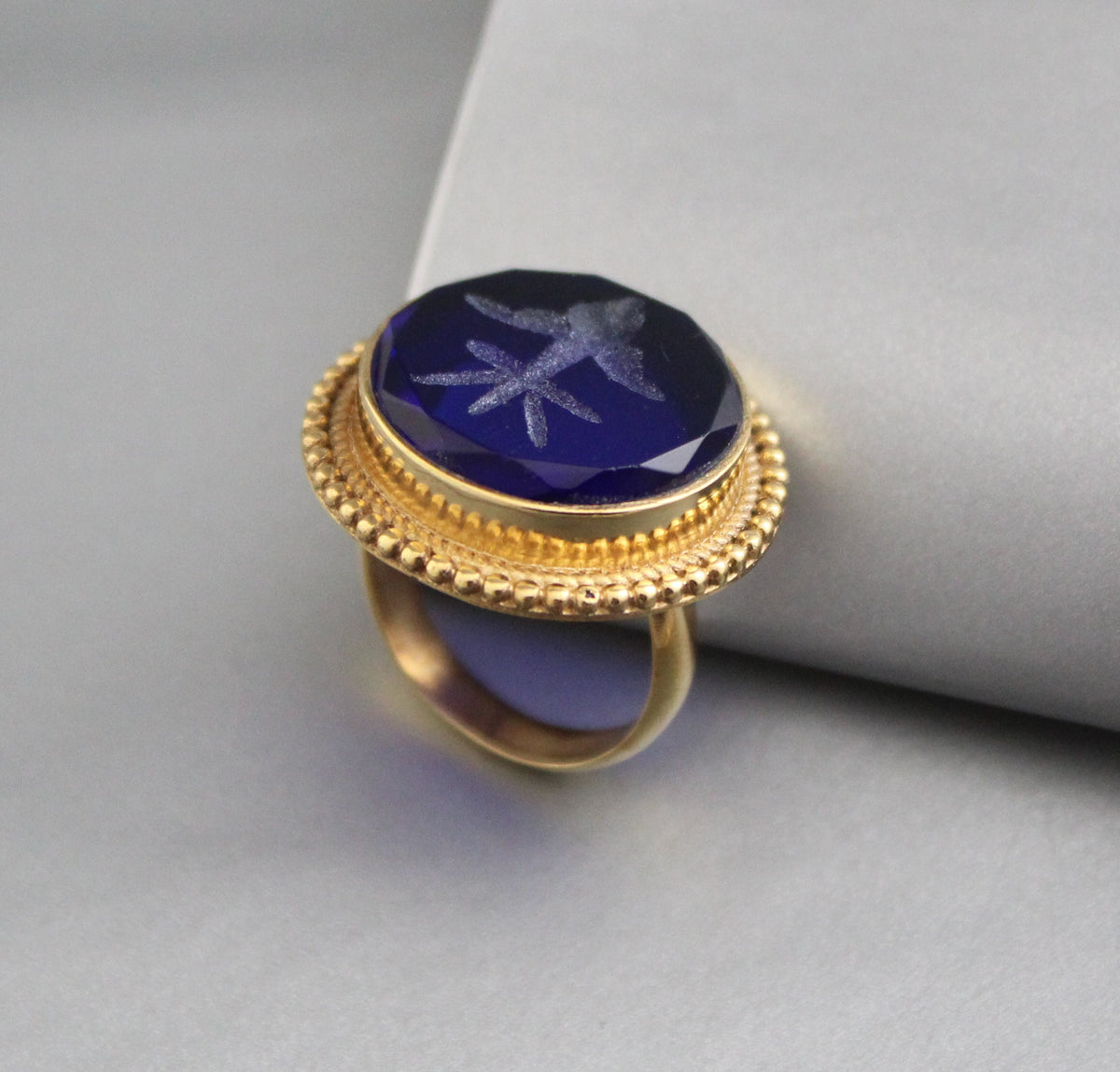 Indigo Fleur-de-lis Intaglio Ring, Roman Style Cocktail Ring, photo 3
