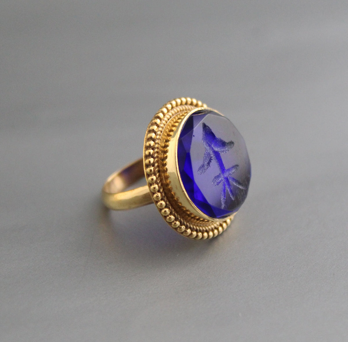 Indigo Fleur-de-lis Intaglio Ring, Roman Style Cocktail Ring, photo 9