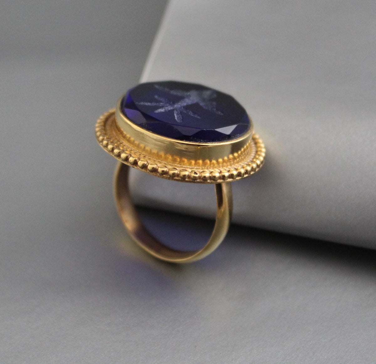 Indigo Fleur-de-lis Intaglio Ring, Roman Style Cocktail Ring, photo 2