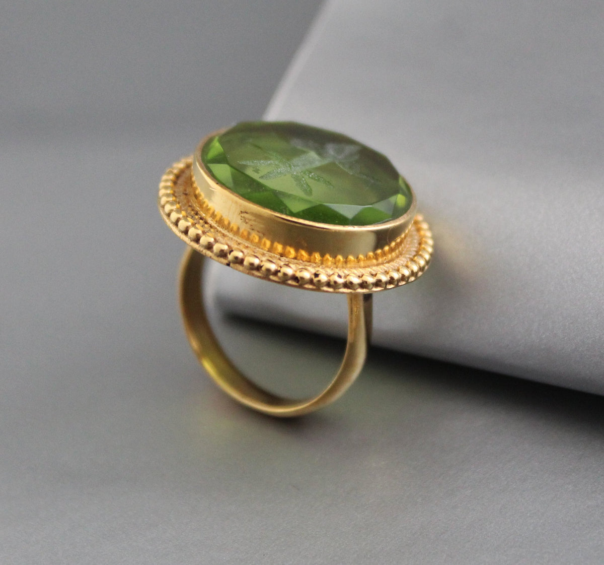 Olive Green Intaglio Cocktail Ring, Roman Style