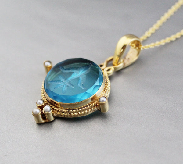 Blue Glass Intaglio Necklace, Victorian Style Gold Pendant