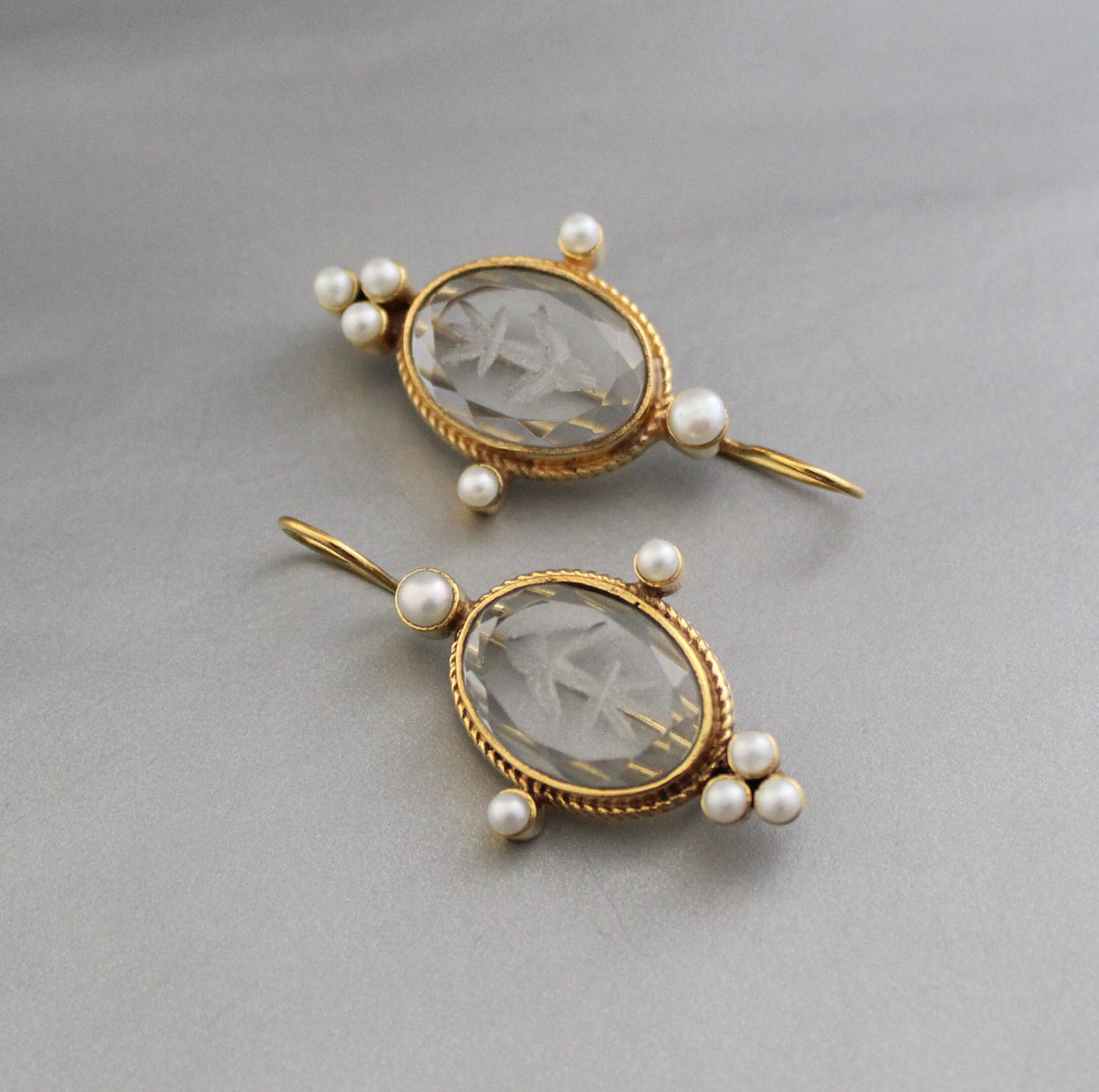 Clear Crystal Intaglio Earrings, Ancient Roman Style, 14K Gold, photo 5