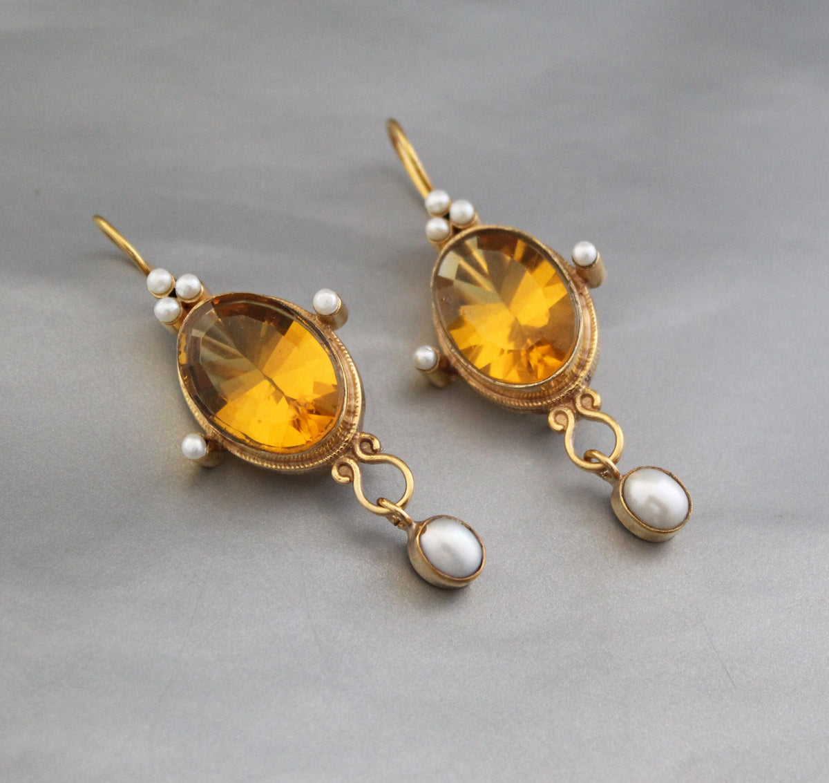 Yellow Glass Intaglio Earrings, Victorian Style, Gold Vermeil with Pearls, photo 4