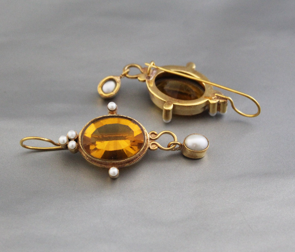 Yellow Glass Intaglio Earrings, Victorian Style, Gold Vermeil with Pearls, photo 8