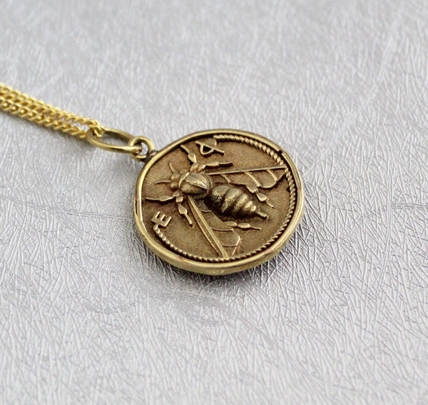 Brass Honeybee Coin Necklace, Egyptian Style Bee Pendant