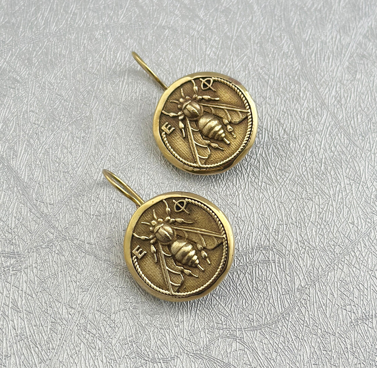 Honeybee Coin Earrings, Ancient Roman Style, Dainty Gold Dangles, photo 8
