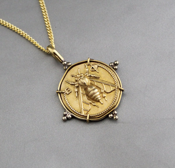 Brass Honeybee Coin Necklace, Egyptian and Greek Style