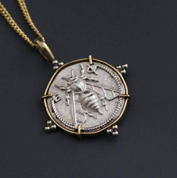 Silver Honeybee Coin Necklace, Ancient Greek Coin Replica, 925 Silver