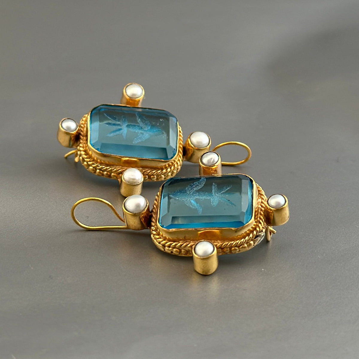 Blue Glass Intaglio Earrings, Vintage Style, 18K Gold Vermeil with Pearls, photo 2