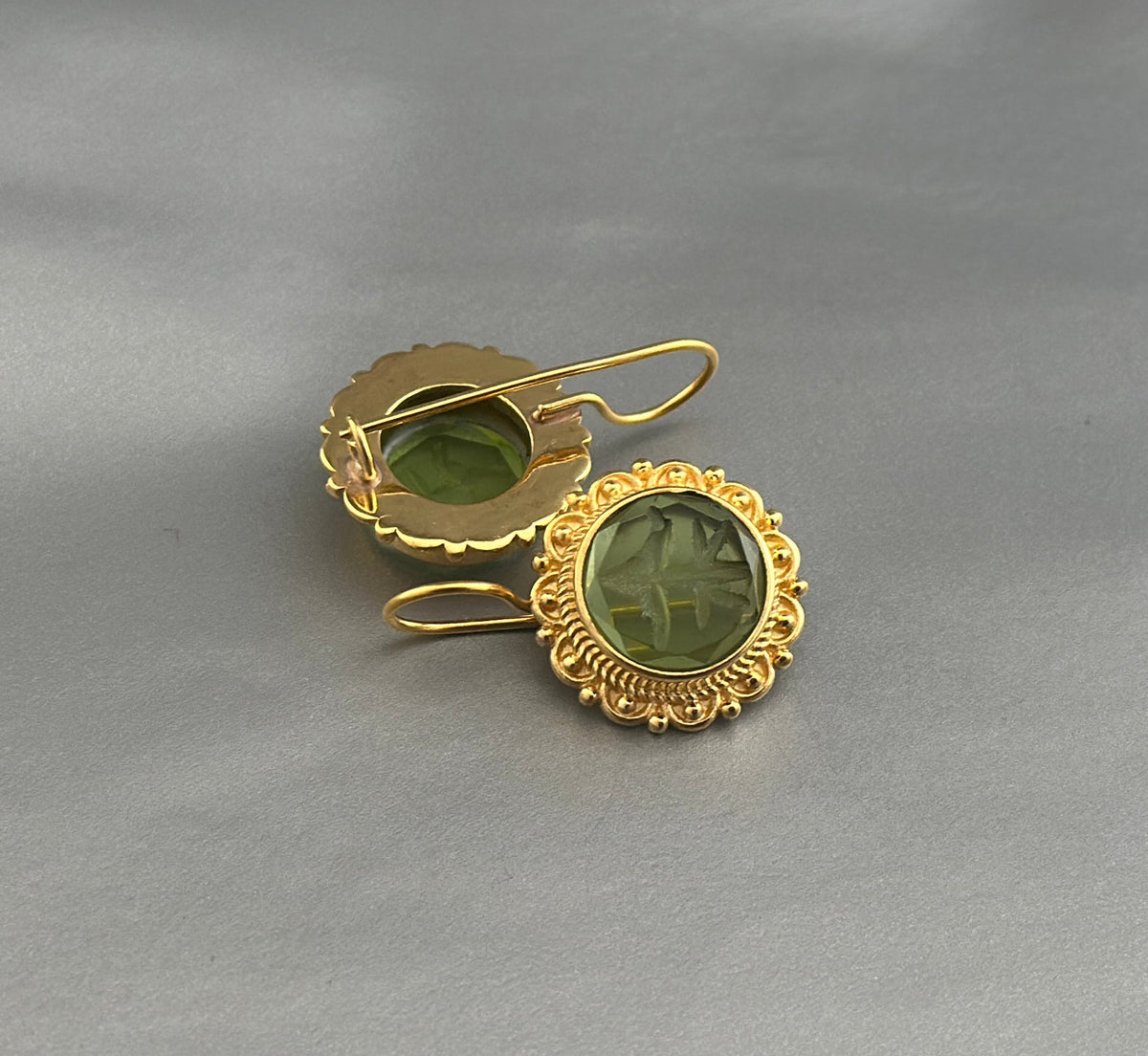 Green Round Intaglio Earrings, Greek Roman Style, Gold Plated, photo 8