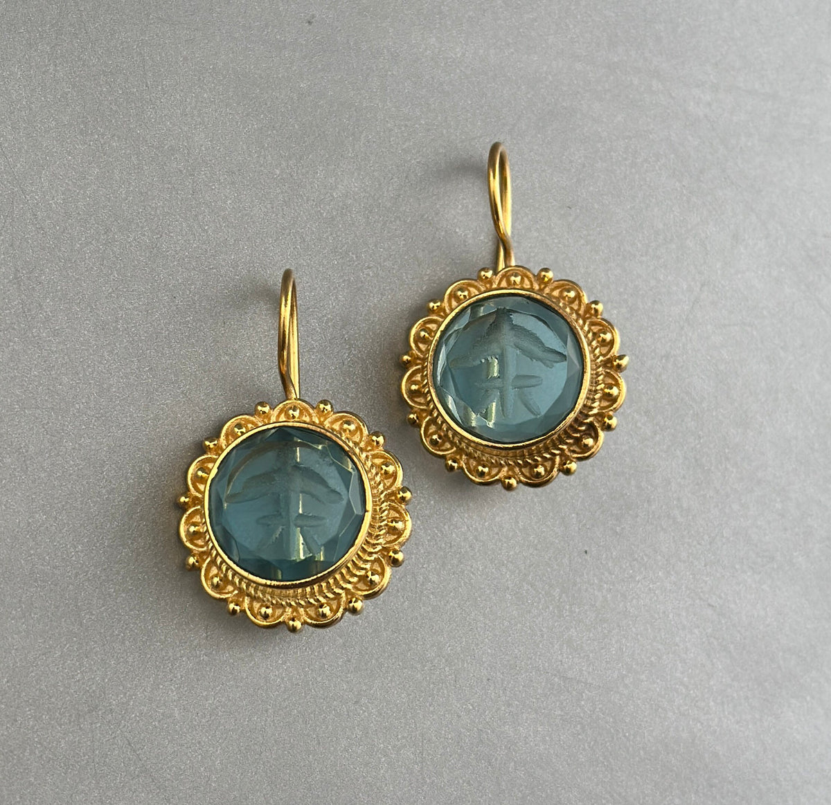 Small Blue Intaglio Earrings, Greek Roman Style, Dainty Gold, photo 5