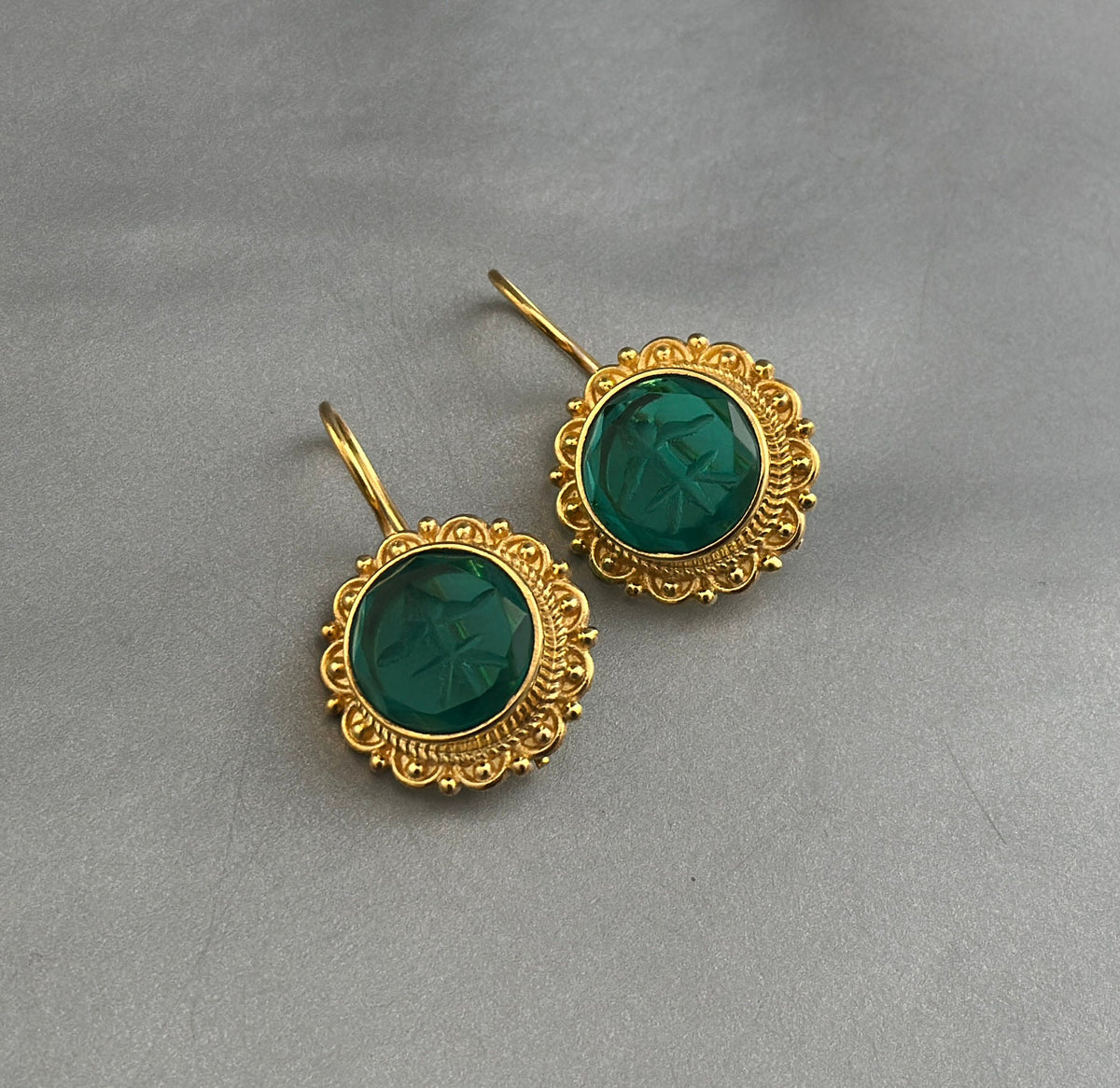 Green Glass Intaglio Earrings, Vintage Victorian Style, photo 5