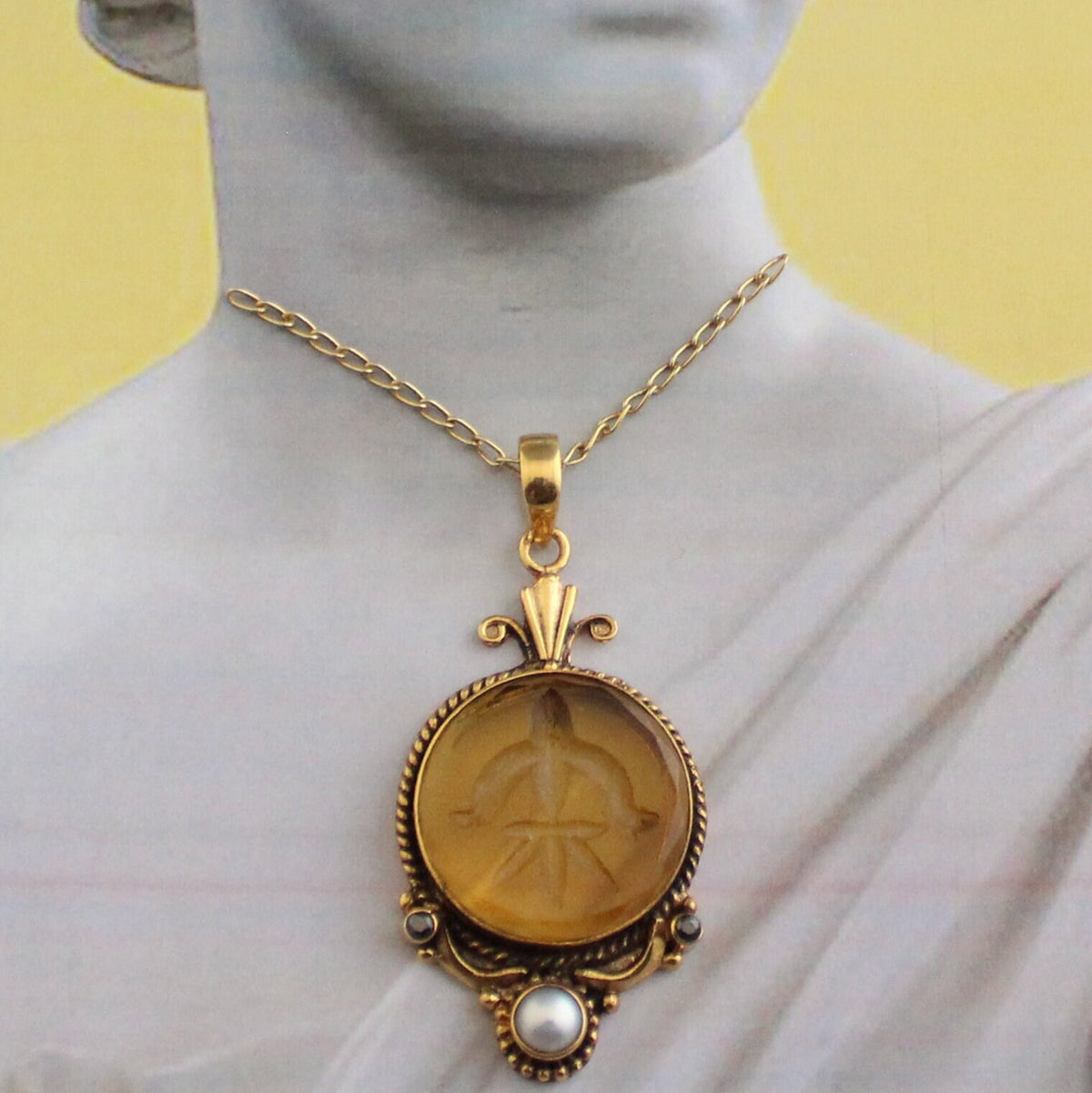 Yellow Intaglio Pendant Necklace, Edwardian Style, Brass, photo 10