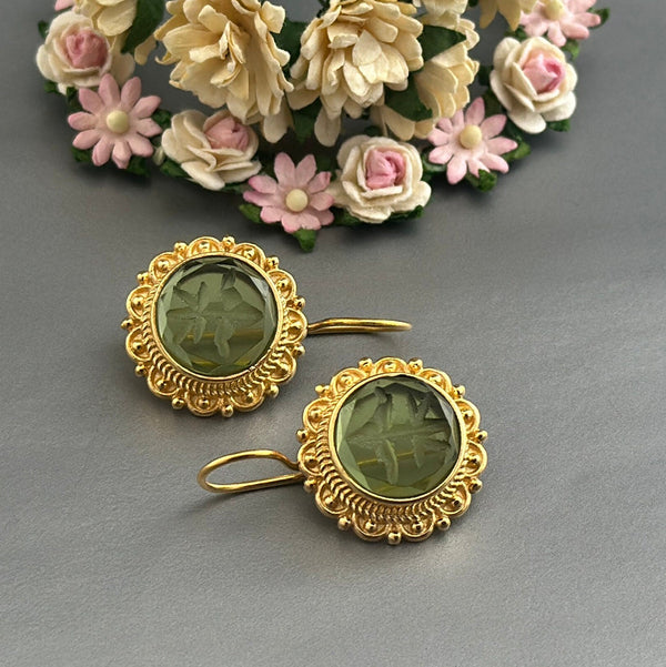 Green Round Intaglio Earrings, Greek Roman Style, Gold Plated