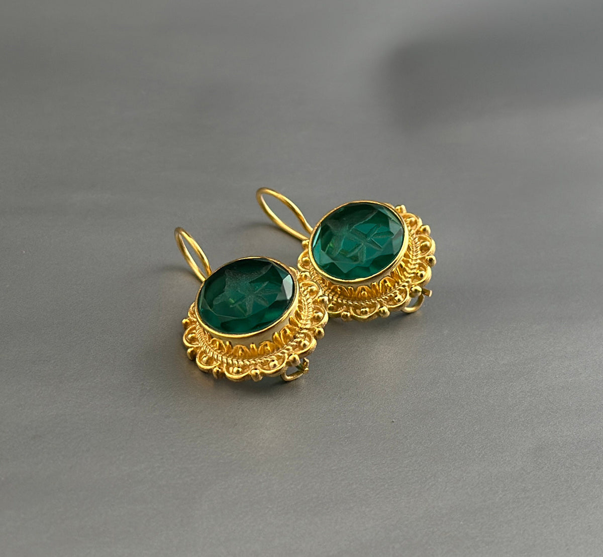 Green Glass Intaglio Earrings, Vintage Victorian Style, photo 6