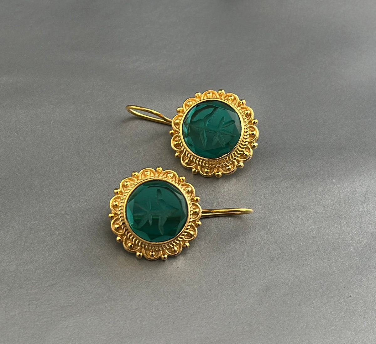 Green Glass Intaglio Earrings, Vintage Victorian Style, photo 2