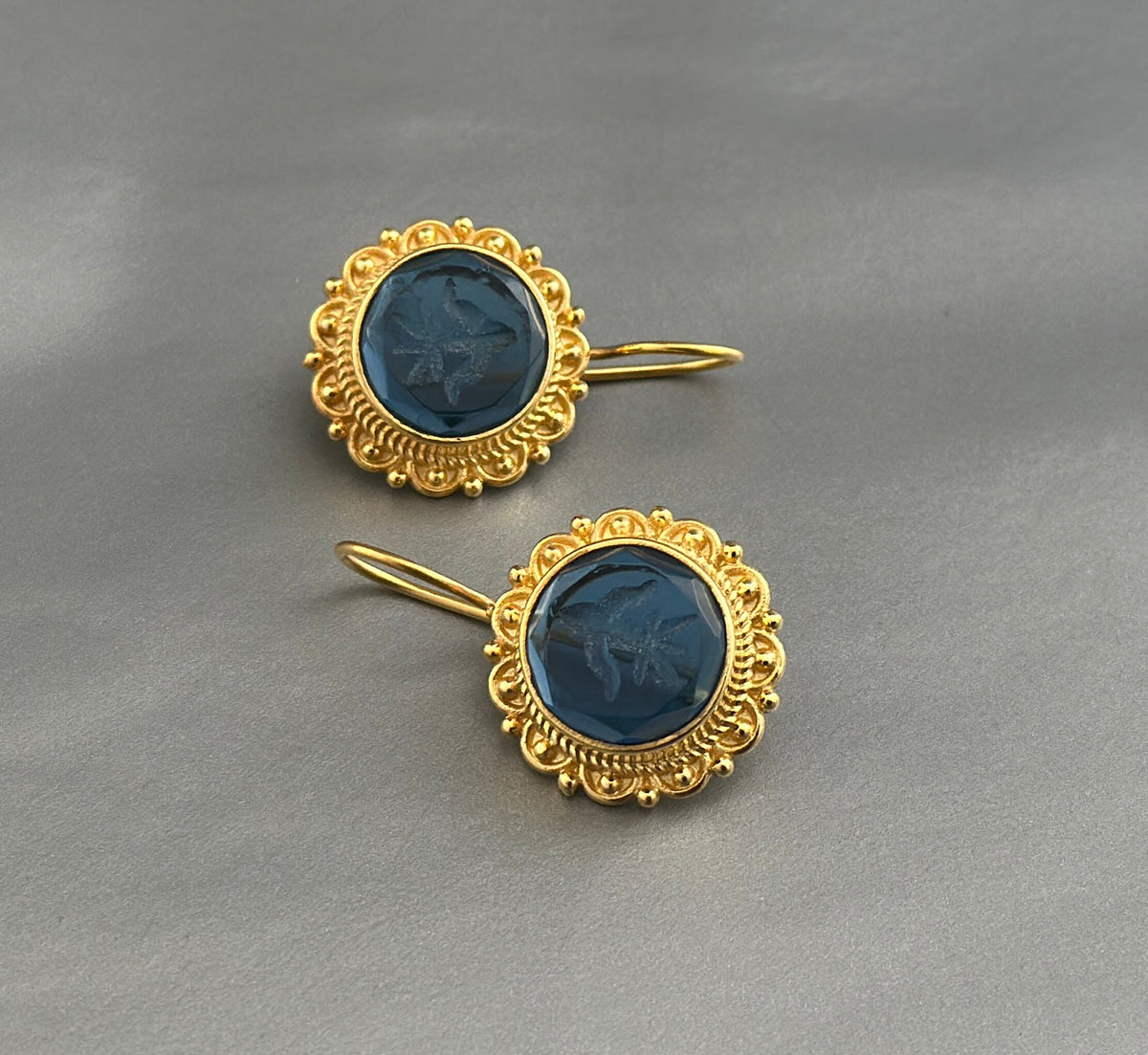 Small Blue Intaglio Earrings, Venetian Glass, Dainty Gold, photo 2