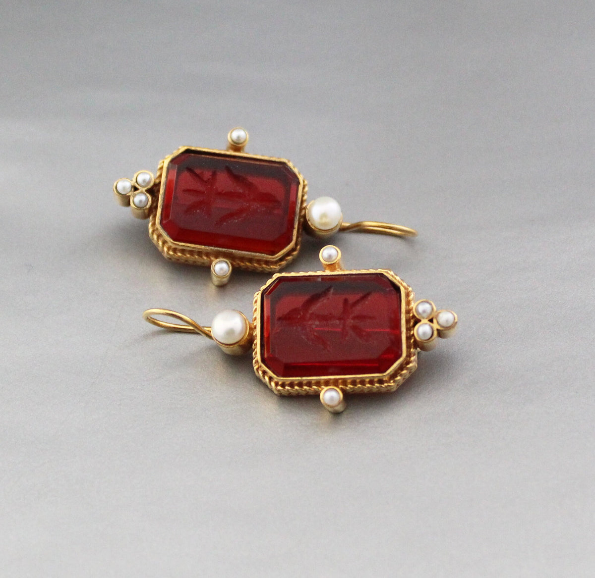 Red Glass Intaglio Earrings, Victorian Style, 18K Gold, photo 2