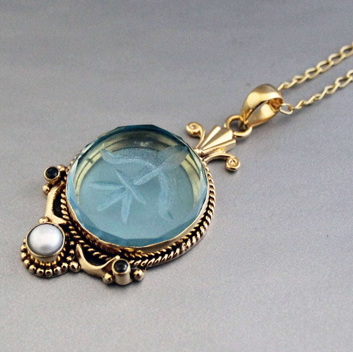 Blue Intaglio Pendant Necklace, Antique Gold Brass with Pearl, photo 2