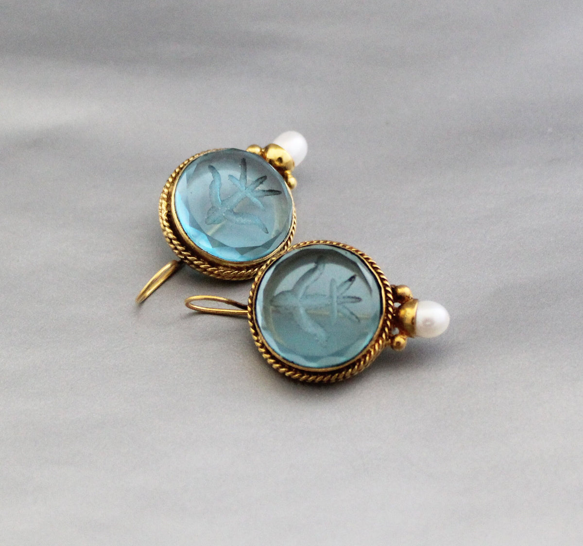 Blue Glass Intaglio Earrings, Victorian Bridal Pearl Drops, photo 9
