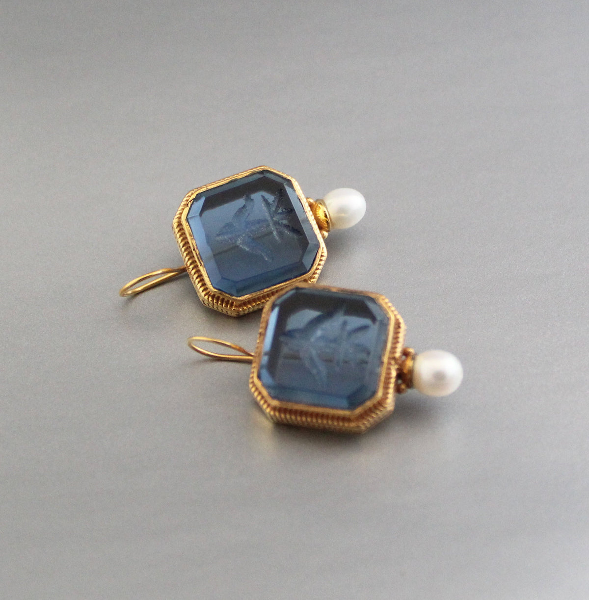 Blue Glass Intaglio Earrings, Victorian Pearl Drops, Gold Vermeil, photo 5