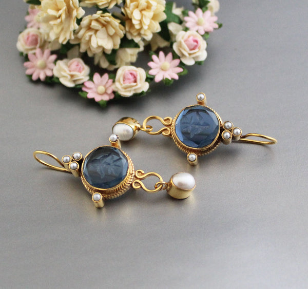 Blue Intaglio Cameo Earrings, Antique Victorian Style, Dainty Gold