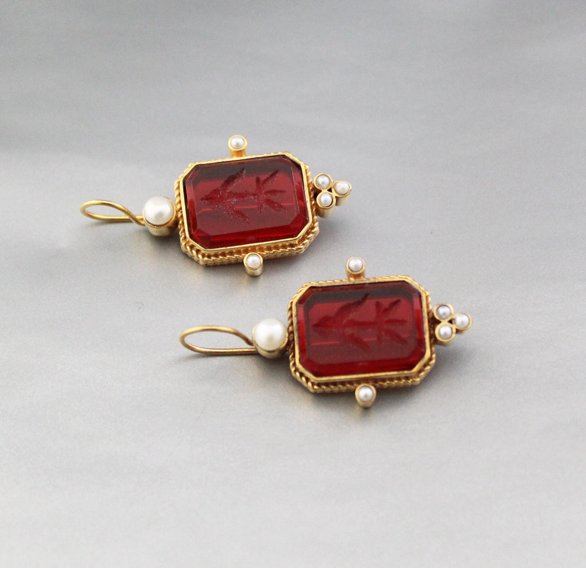 Red Glass Intaglio Earrings, Victorian Style, 18K Gold, photo 5
