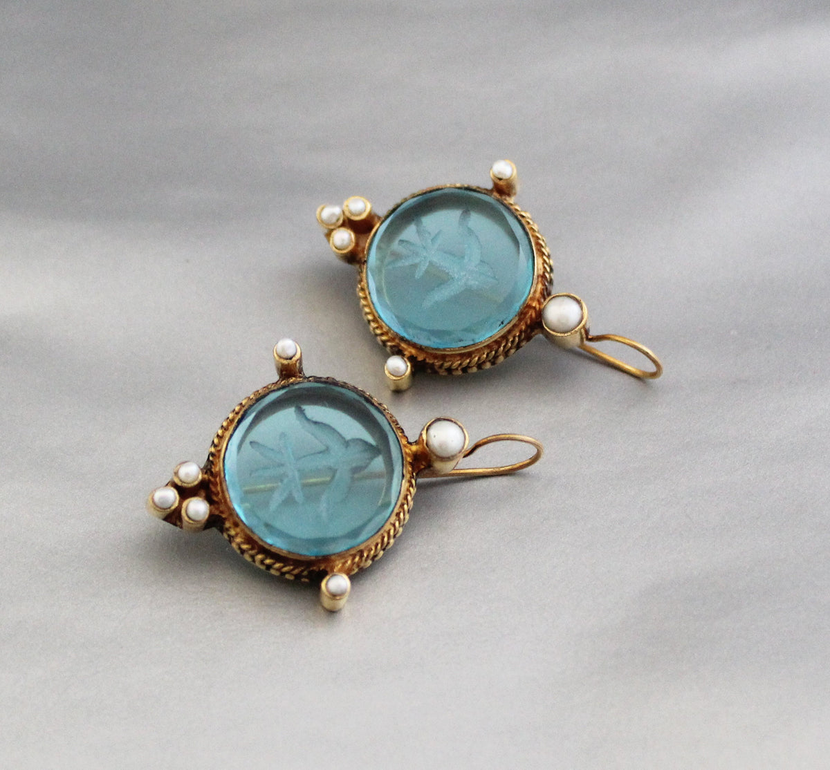 Blue Round Intaglio Earrings, Victorian Bridal Style, Gold Plated, photo 5