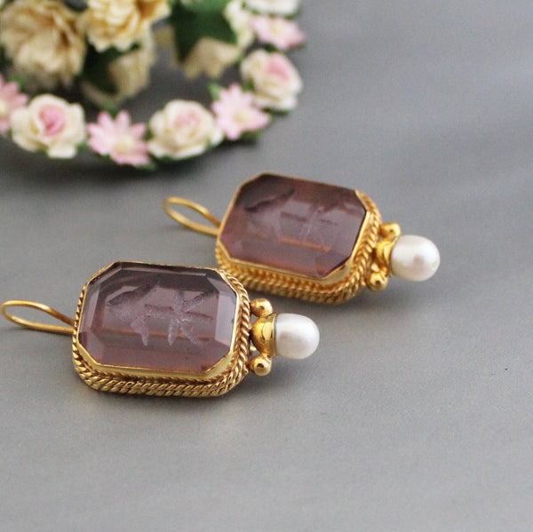 Intaglio Glass Hoop Earrings, Victorian Art Deco Pearl Drops, Brass