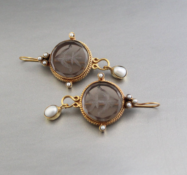 Intaglio Glass Earrings, Art Nouveau Style, Brass Dangles