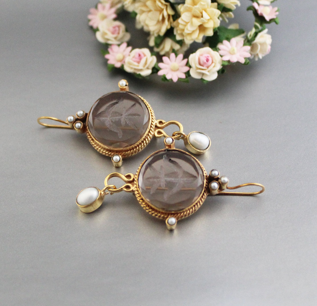 Intaglio Glass Earrings, Art Nouveau Style, Brass Dangles, photo 2