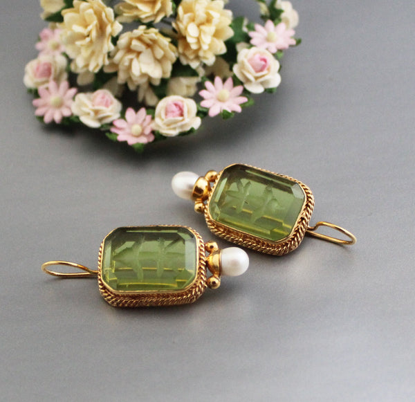 Green Intaglio Earrings, Edwardian Style, Antiqued Gold