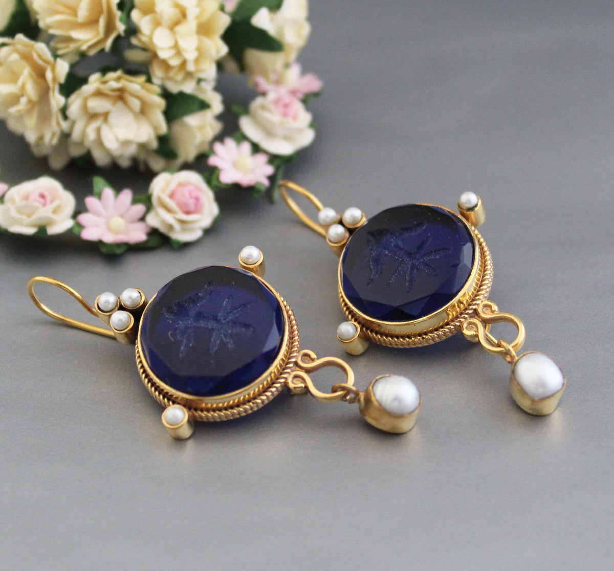 Blue Glass Intaglio Earrings, Vintage Bridal Pearl Drops, Brass, photo 8