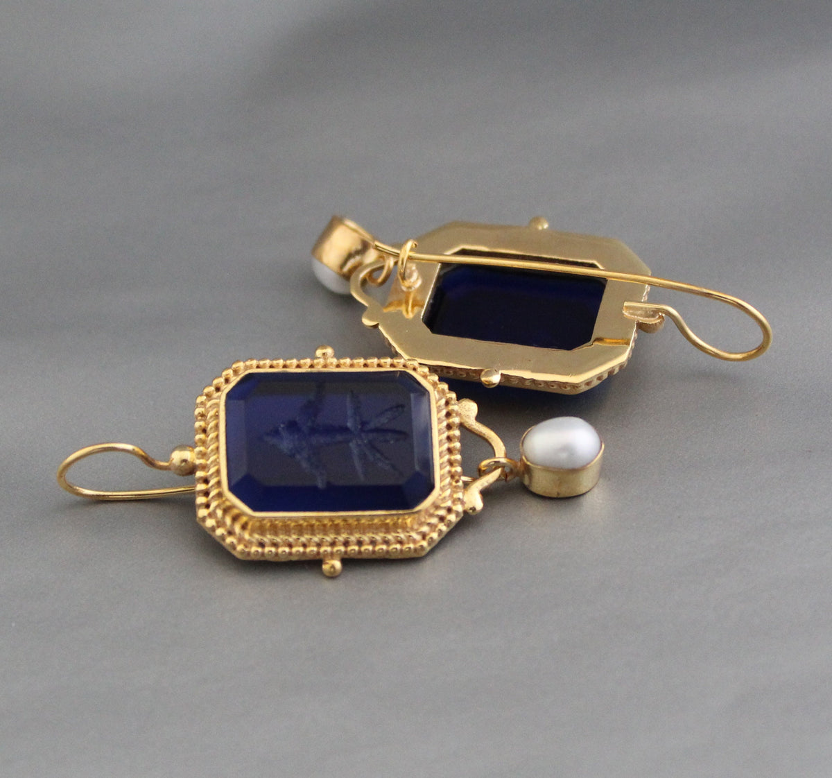 Indigo Blue Intaglio Earrings, Victorian Style, 18K Gold, photo 8