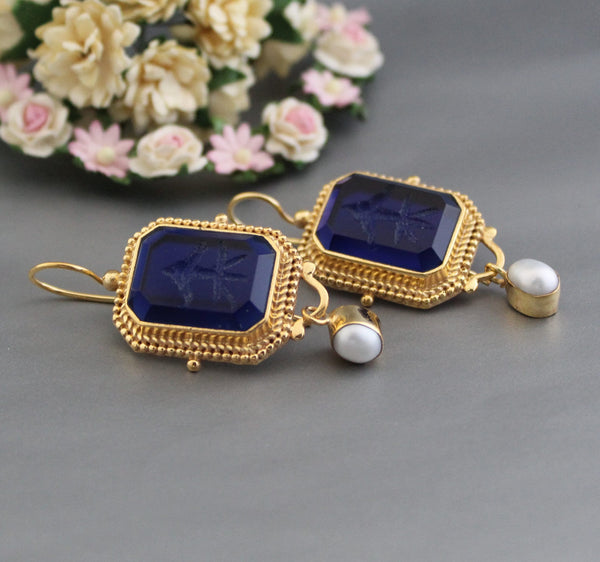 Indigo Blue Intaglio Earrings, Victorian Style, 18K Gold