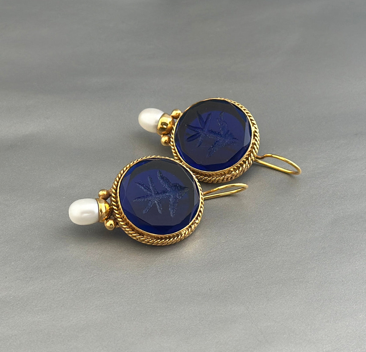 Sapphire Blue Intaglio Earrings, Victorian Drops, Antique Brass, photo 6