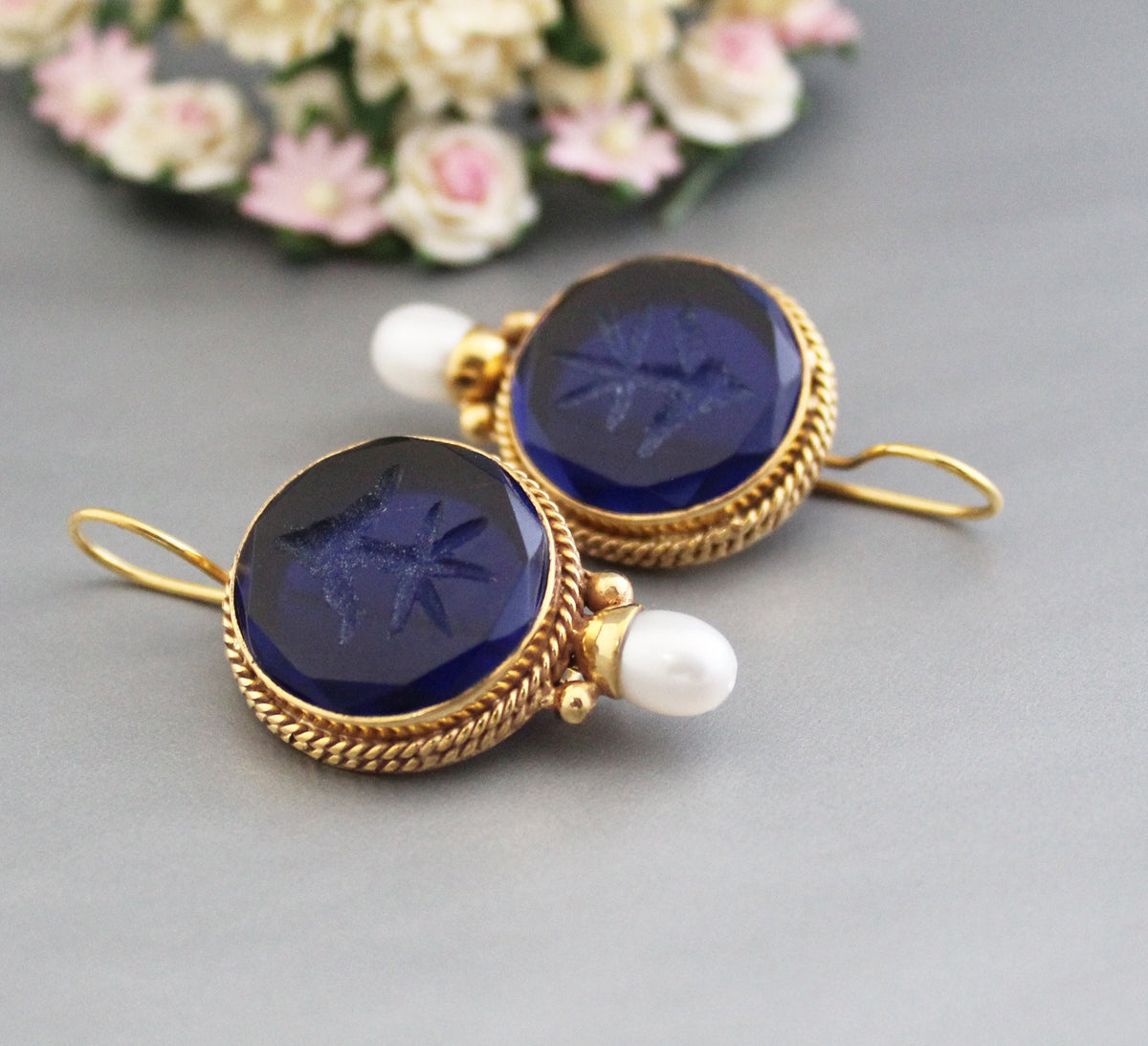 Sapphire Blue Intaglio Earrings, Victorian Drops, Antique Brass