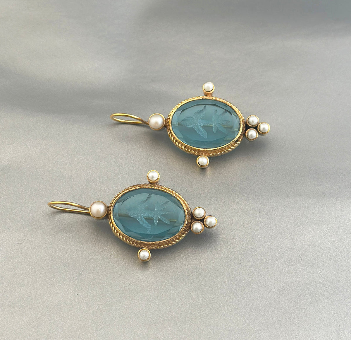 Blue Glass Intaglio Earrings, Victorian Style, 18K Gold Brass with Pearls, photo 9