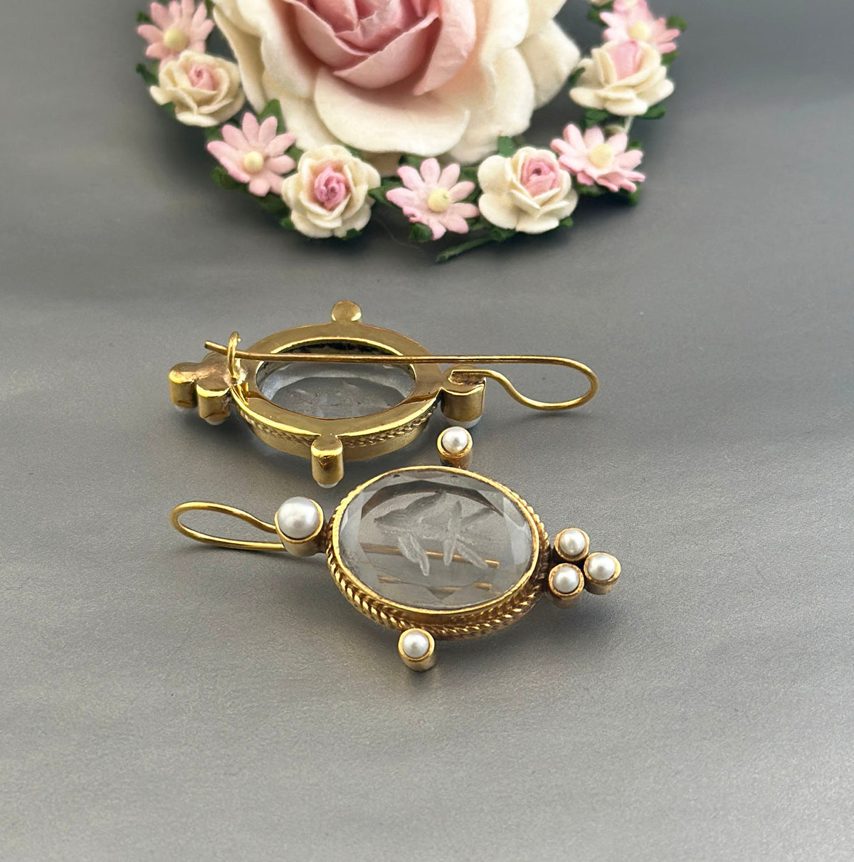 Clear Crystal Intaglio Earrings, Ancient Roman Style, 14K Gold, photo 4