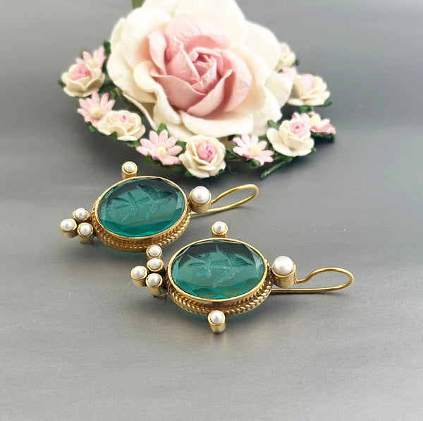 Green Glass Intaglio Earrings, Victorian Style Drops, Gold Vermeil