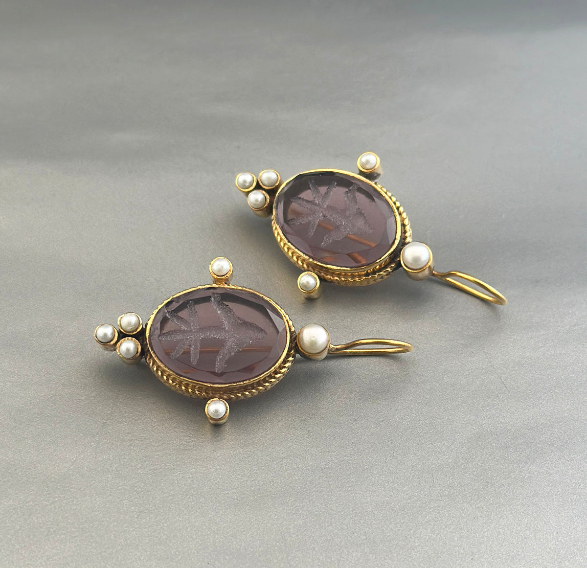 Amethyst Intaglio Earrings, Victorian Bridal Pearl Drops, photo 10