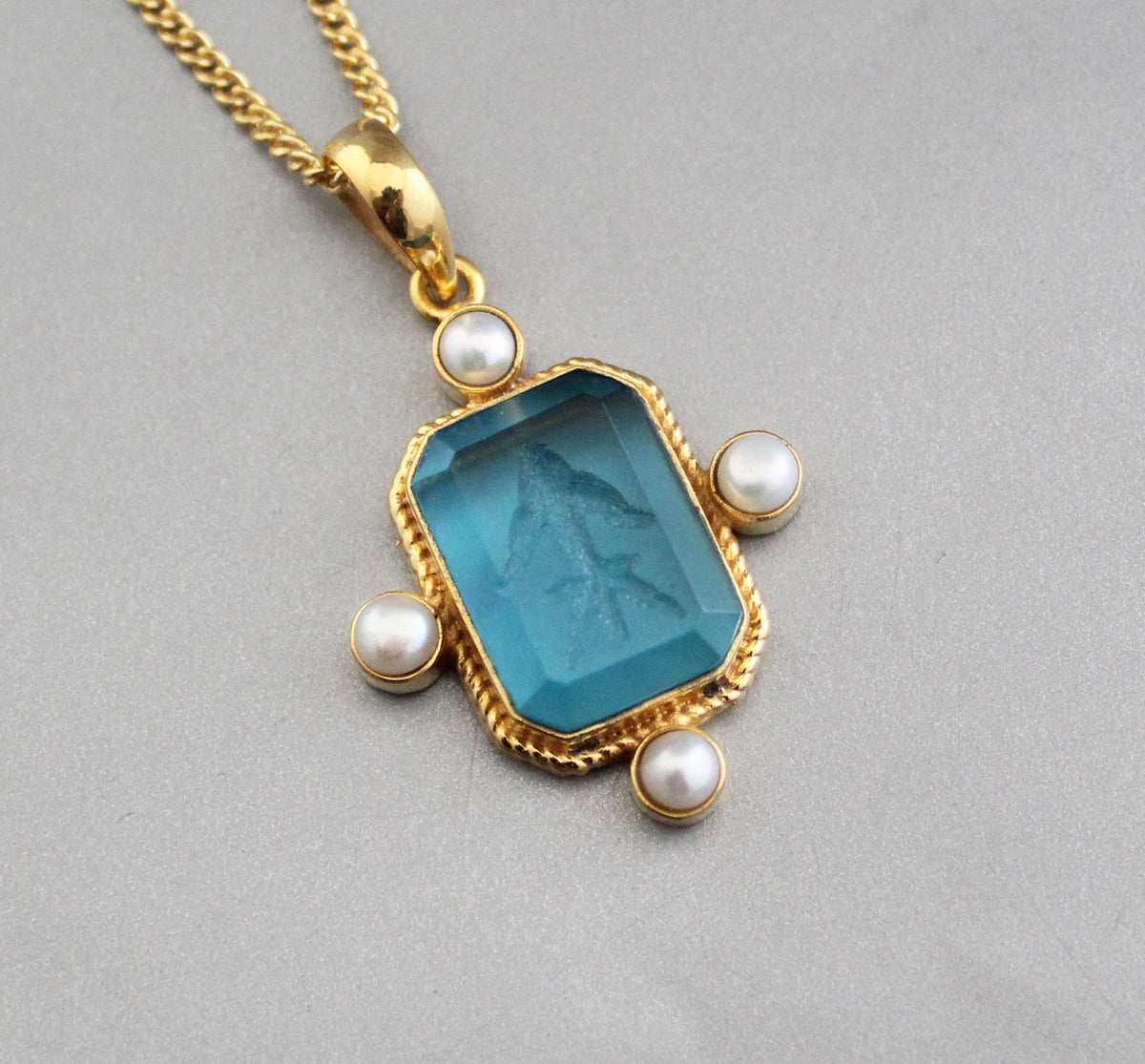 Blue Intaglio Necklace, Art Deco Cameo Pendant, photo 4