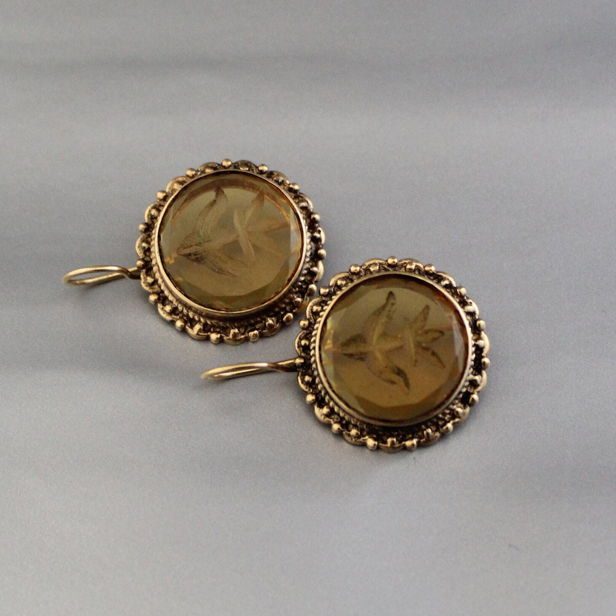 Yellow Intaglio Glass Earrings, Victorian Bridal Dangles, Brass, photo 5